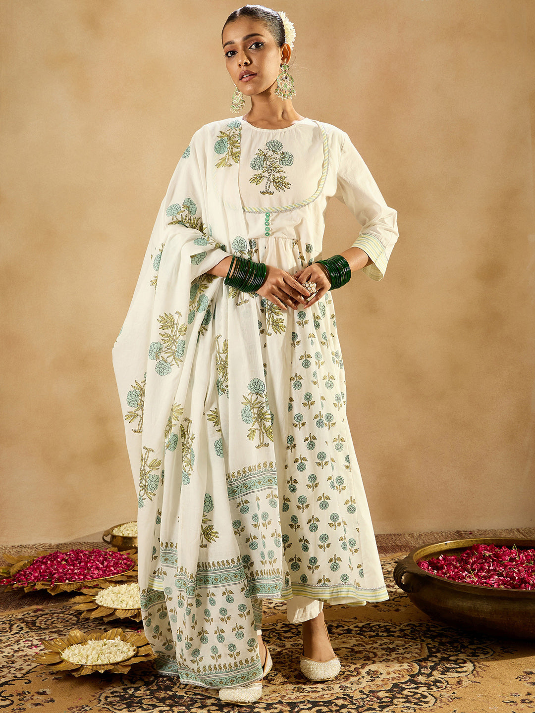 IE White Printed A-Line Kurta Trousers With Dupatta set