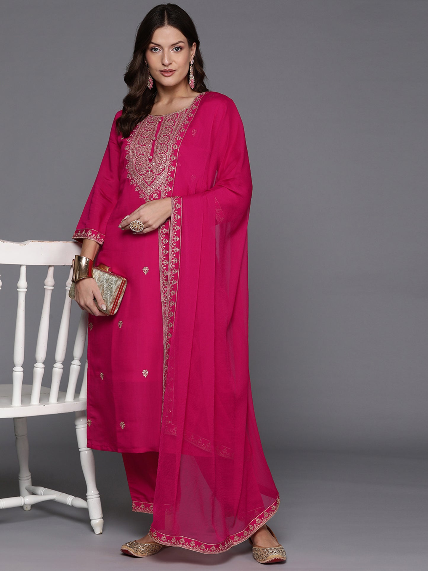 IE Pink Embroidered Straight Kurta Trousers With Dupatta Set