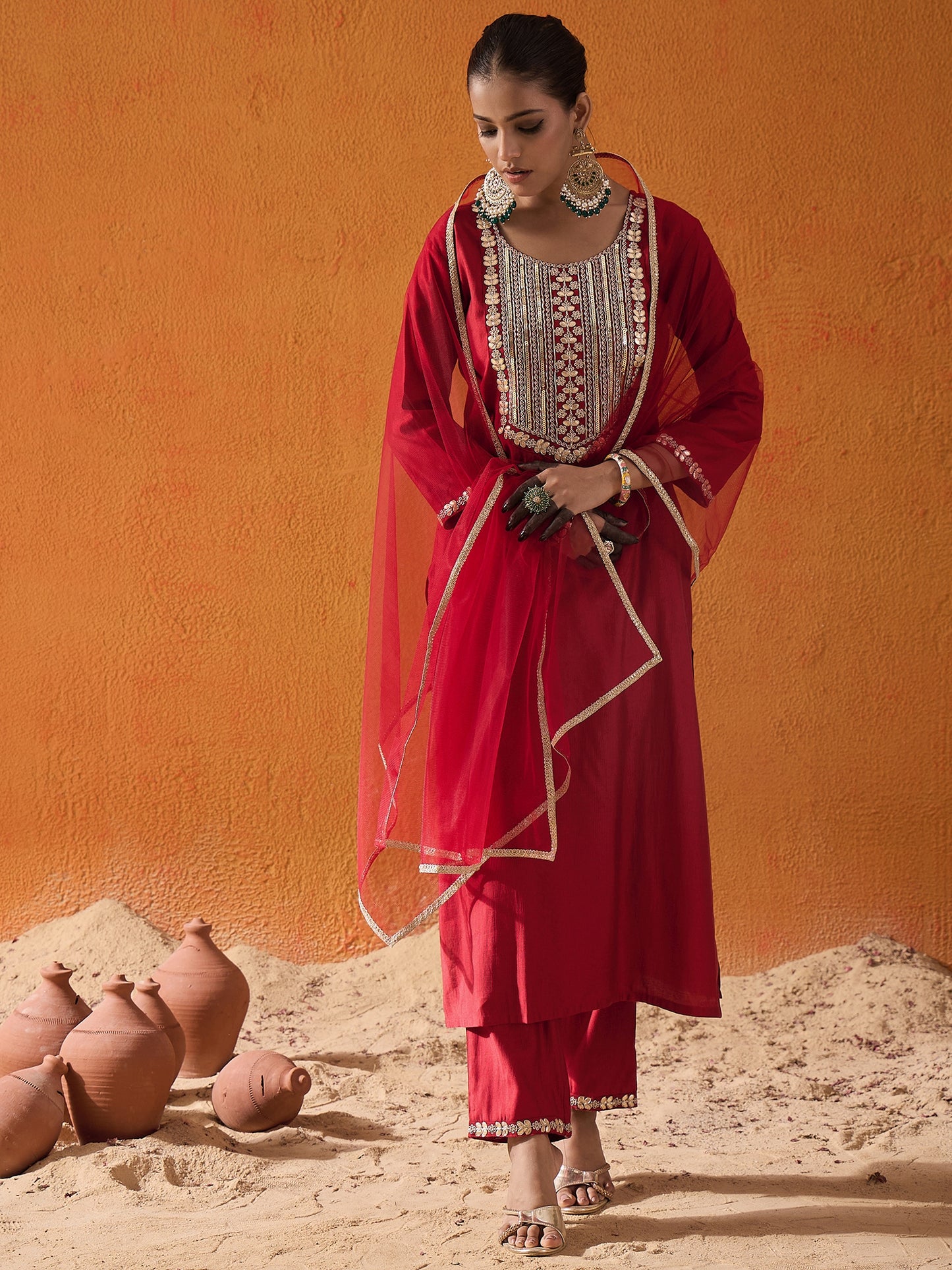 IE Red Embroidered Straight Kurta Trousers With Dupatta set