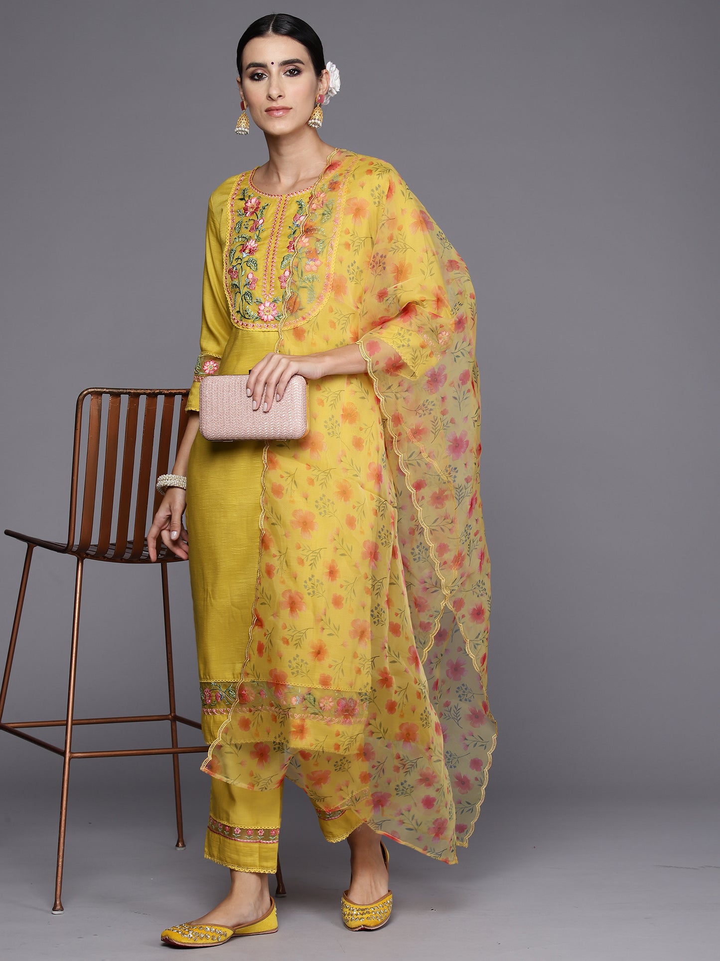 IE Yellow Embroidered Straight Kurta Trousers With Dupatta Set