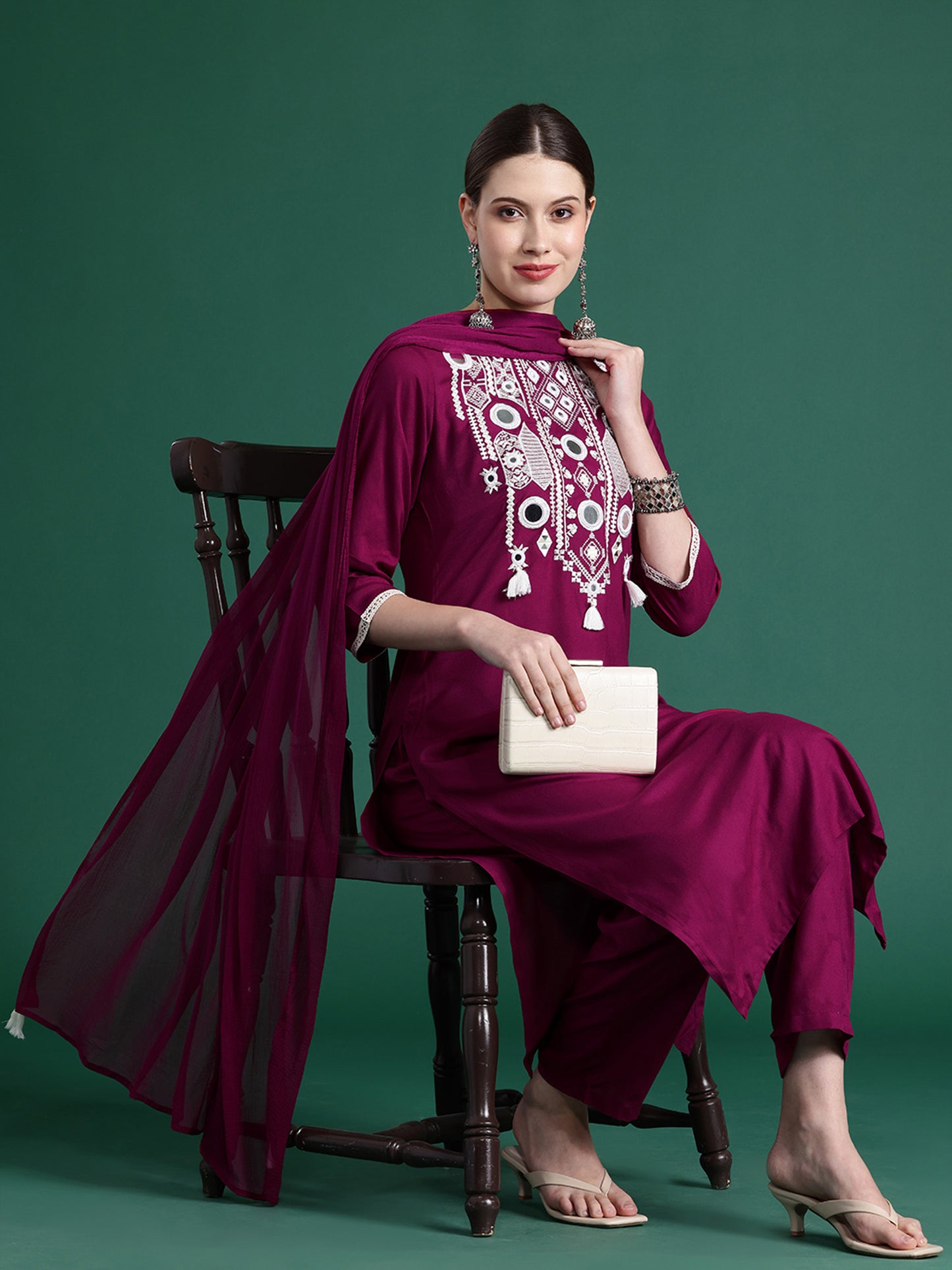 IE Burgundy Embroidered Straight Kurta Trousers With Dupatta set