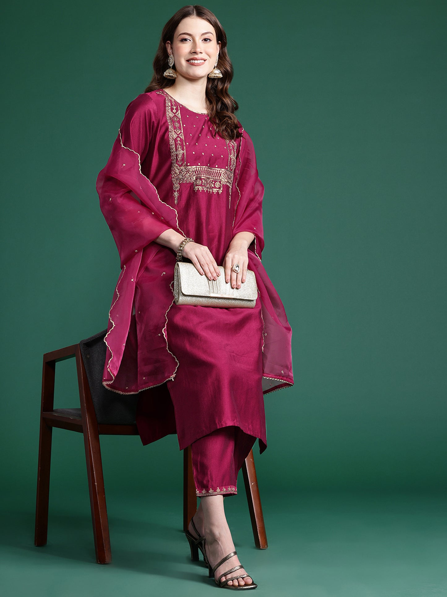 IE Burgundy Embroidered Straight Kurta Trousers With Dupatta  Set