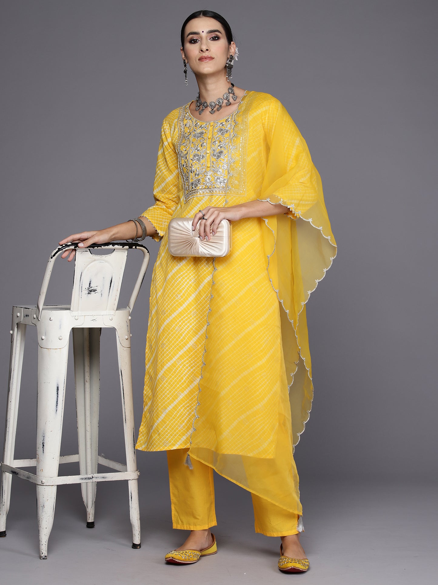 IE Yellow Embroidered Straight Kurta Trousers With Dupatta Set