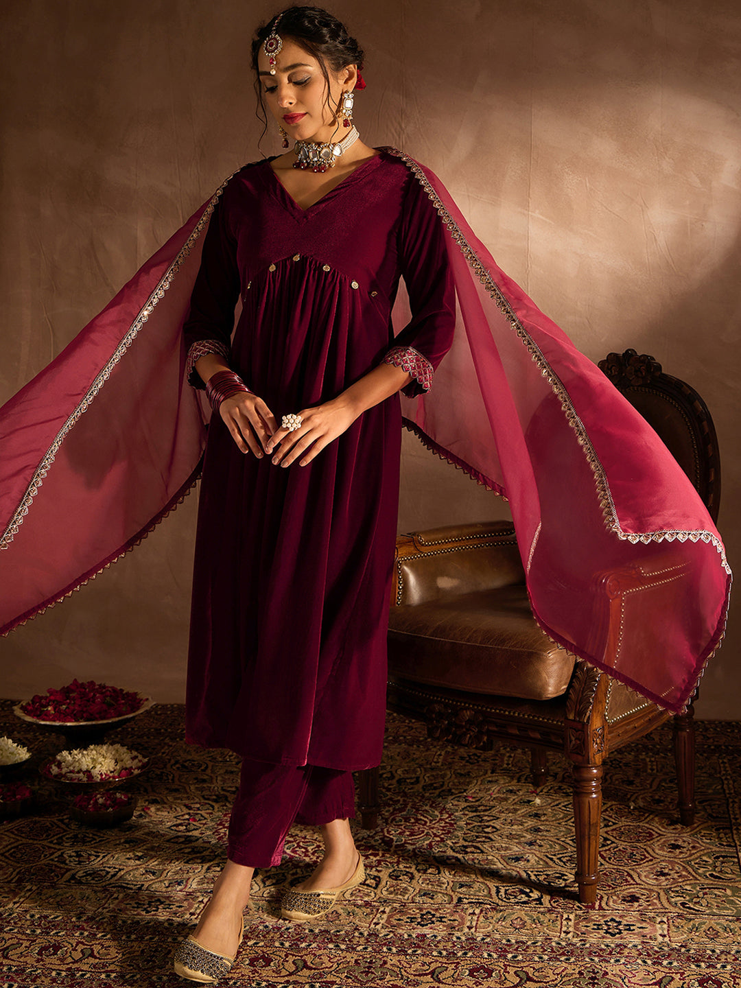 IE Maroon Solid A-Line Kurta Trousers With Dupatta set