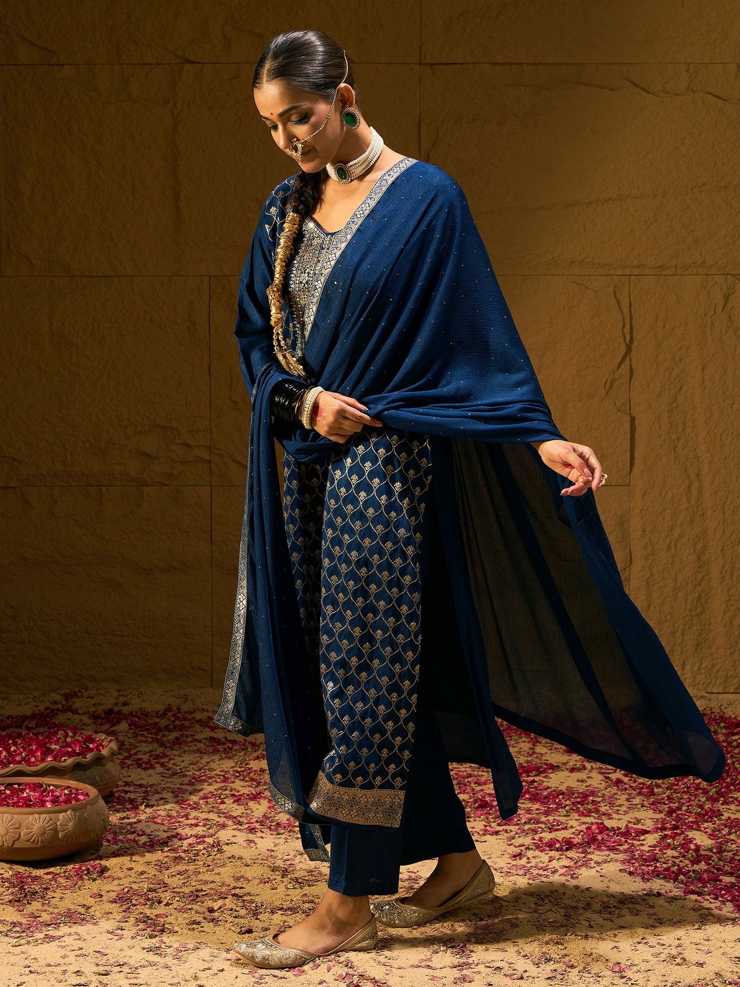 IE Blue Embroidered Straight Kurta Trousers With Dupatta set