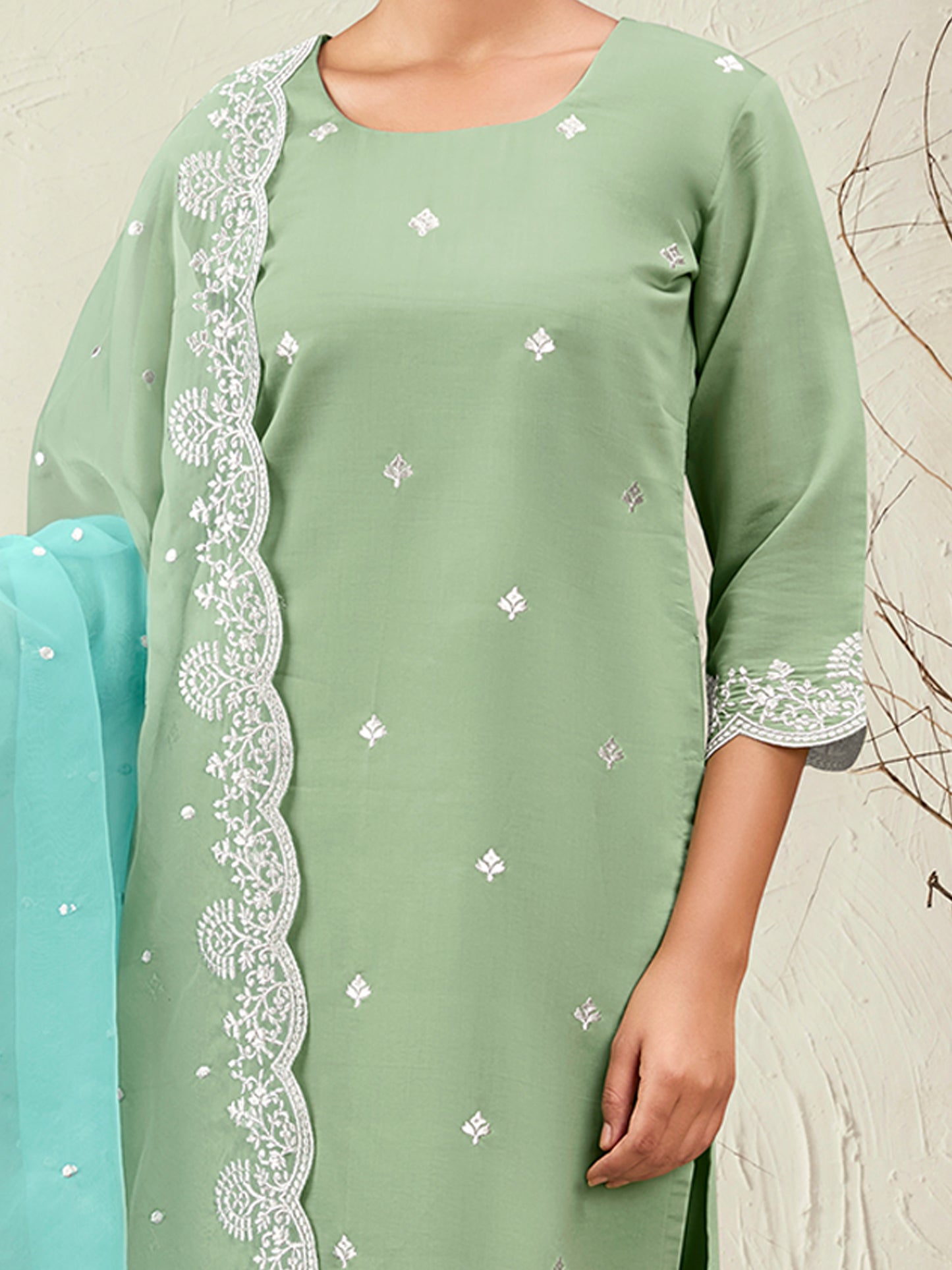 IE Sea Green Straight Embroidered Kurta Trousers With Dupatta Set