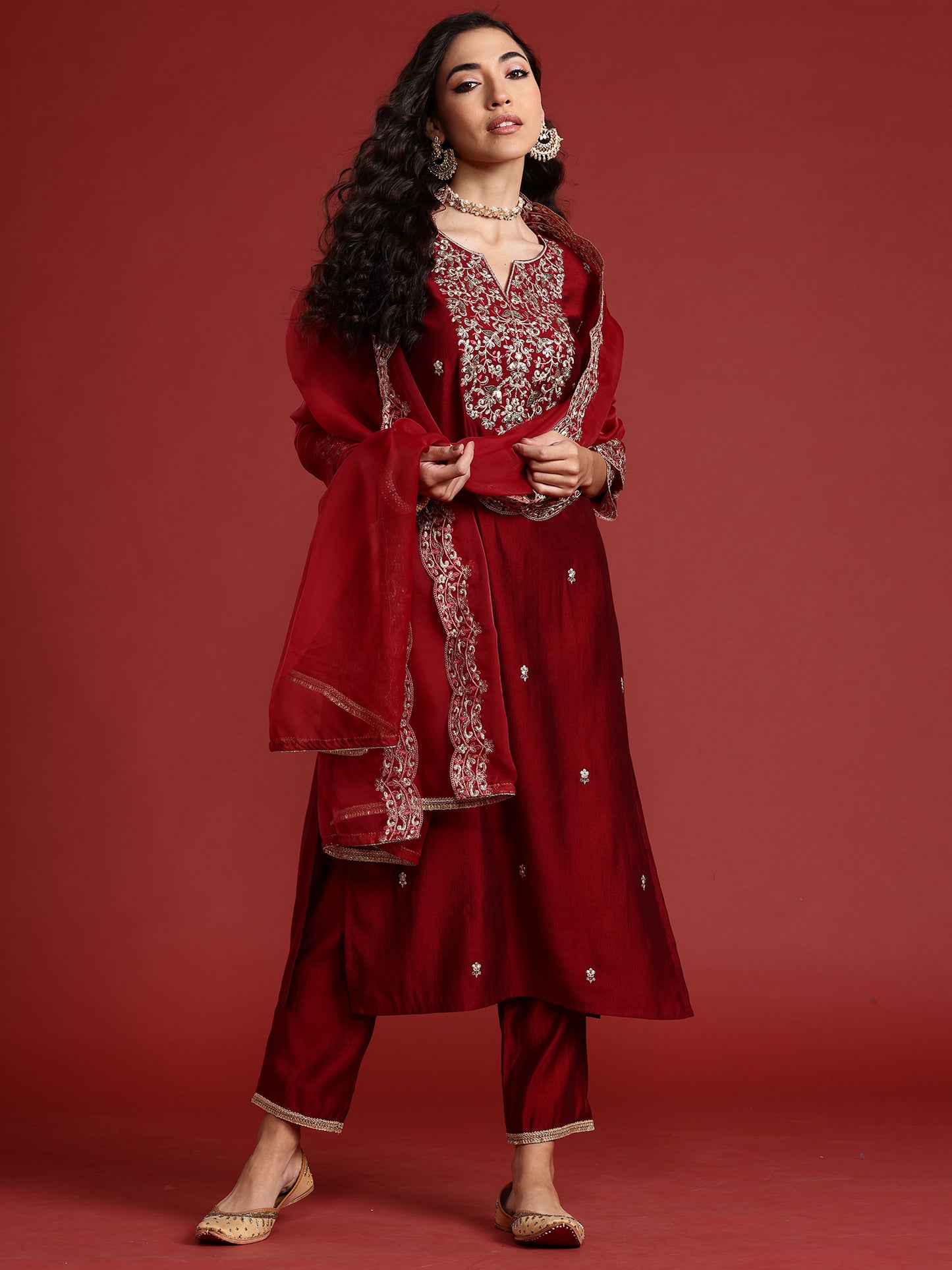 IE Maroon Embroidered Straight Kurta Trousers With Dupatta set