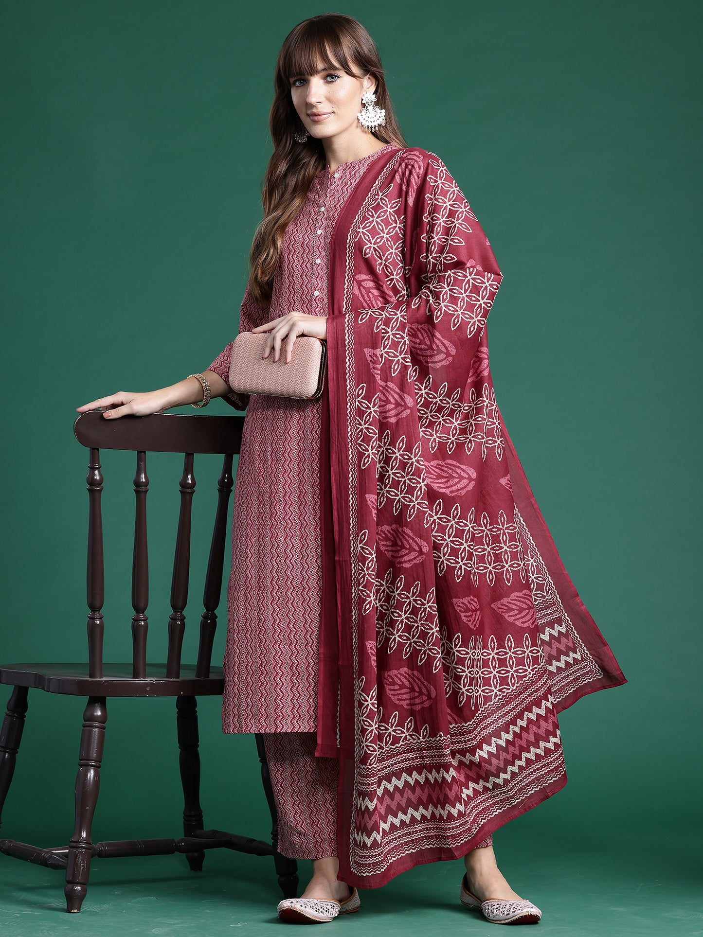 IE Pink Printed Straight Kurta Trousers With Dupatta set