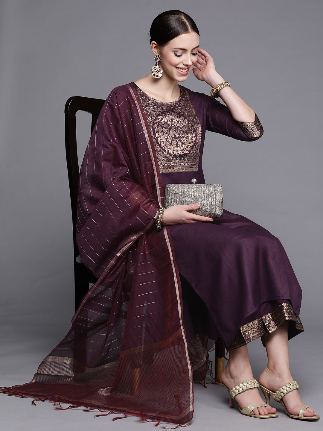 IE Solid Wine Straight Kurta Palazzo With Dupatta Set