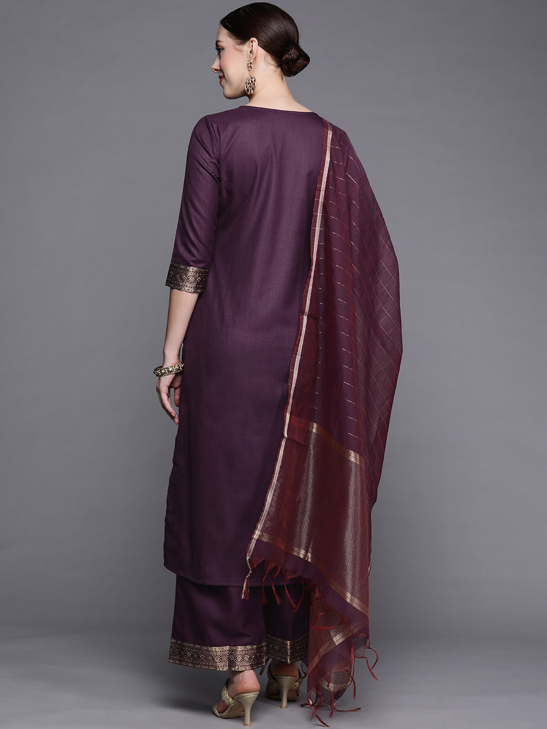 IE Solid Wine Straight Kurta Palazzo With Dupatta Set