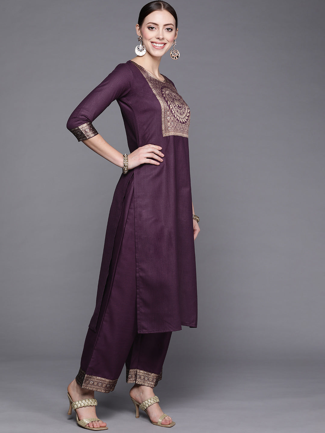 IE Solid Wine Straight Kurta Palazzo With Dupatta Set