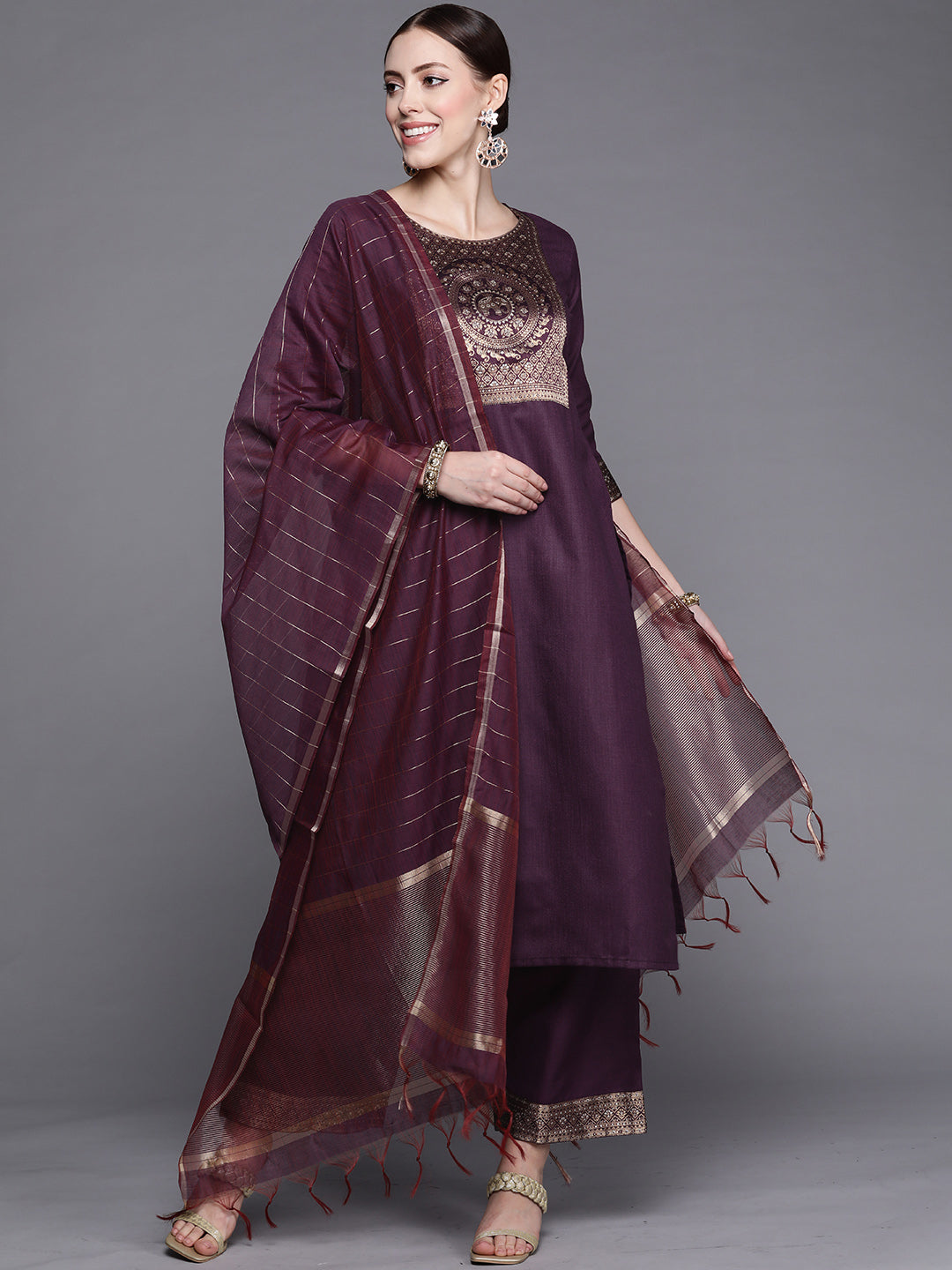 IE Solid Wine Straight Kurta Palazzo With Dupatta Set