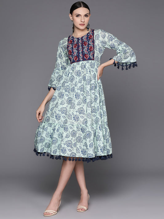 IE Blue Embroidered A-Line Ethnic Dress