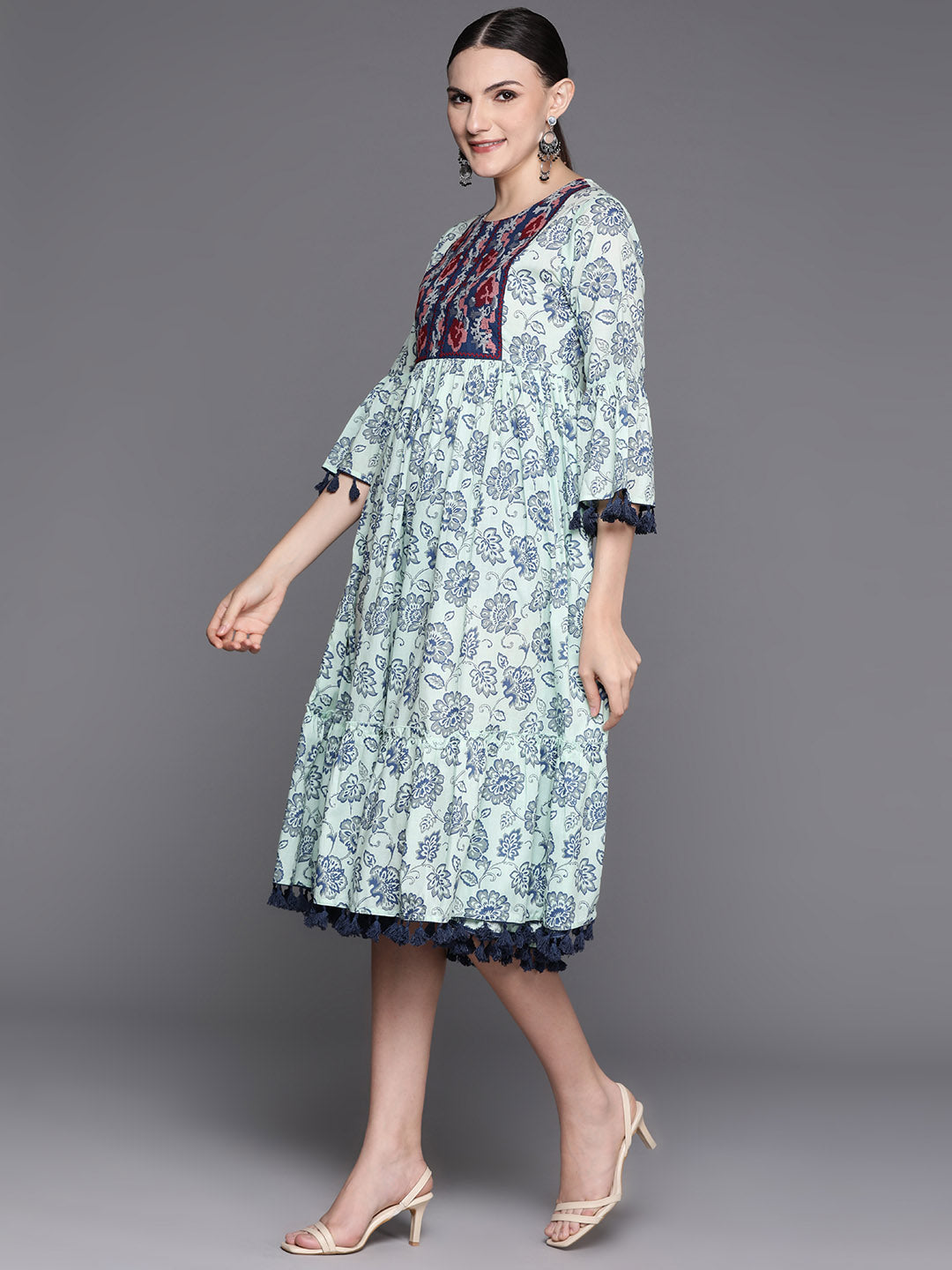 IE Blue Embroidered A-Line Ethnic Dress