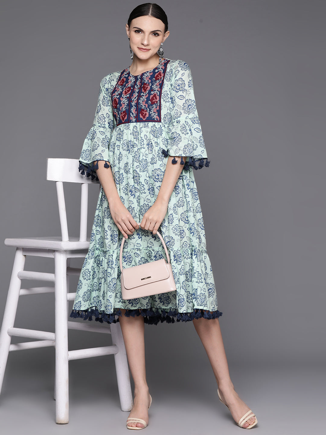 IE Blue Embroidered A-Line Ethnic Dress