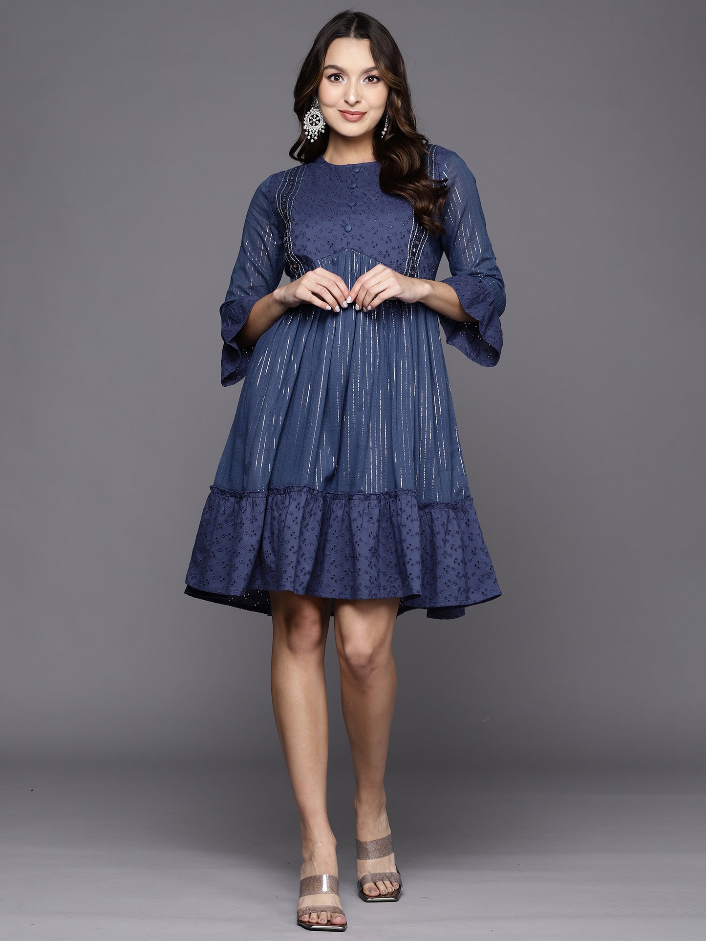 IE Blue Striped A-Line Ethnic Dress