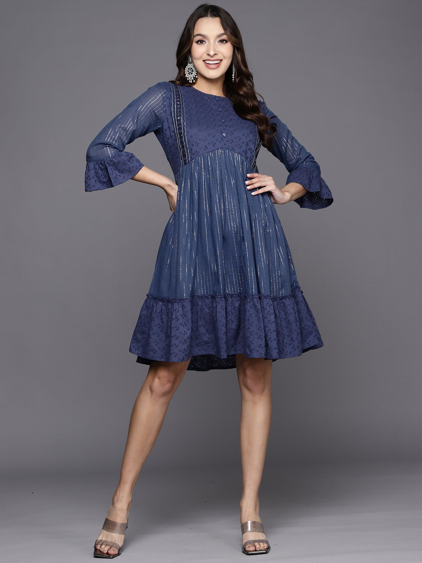 IE Blue Striped A-Line Ethnic Dress