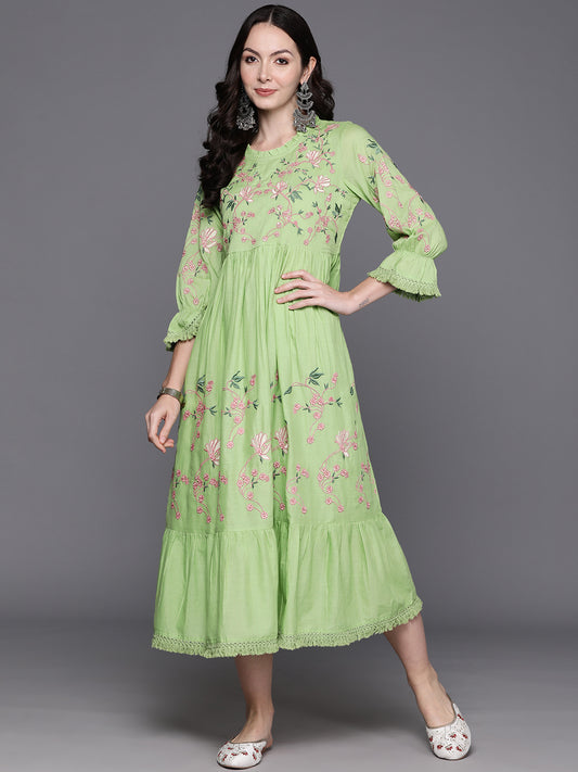 IE Green Embroidered A-Line Ethnic Dress