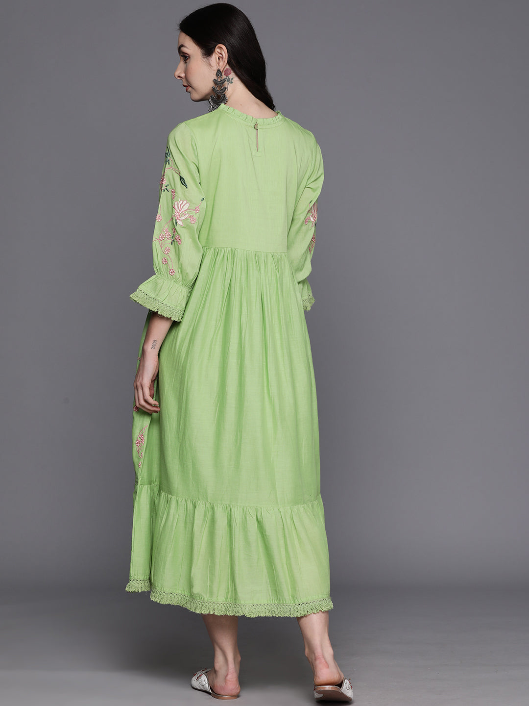 IE Green Embroidered A-Line Ethnic Dress