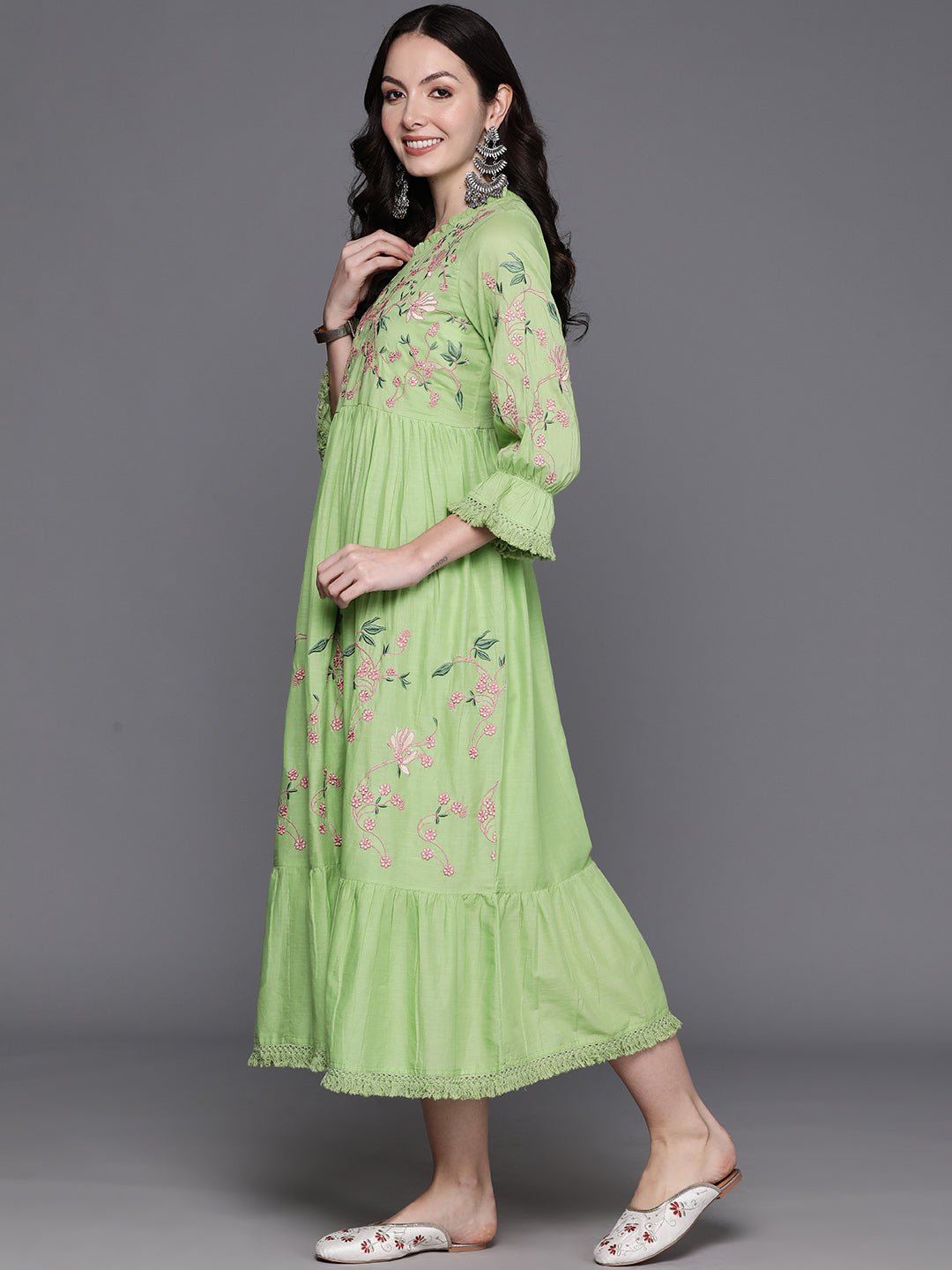 IE Green Embroidered A-Line Ethnic Dress