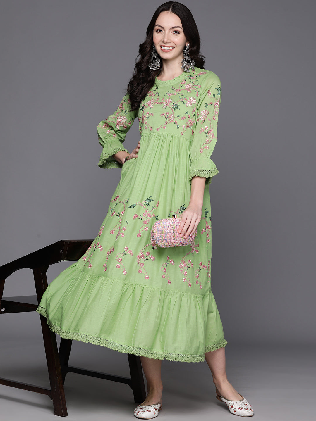 IE Green Embroidered A-Line Ethnic Dress