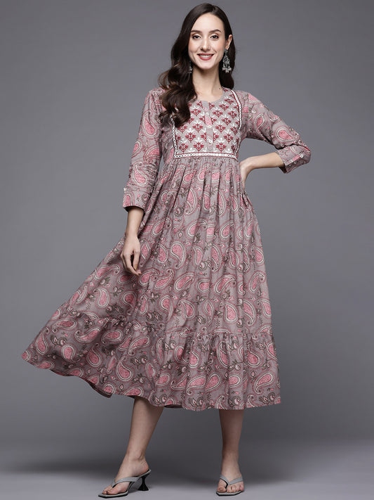 IE Grey & Pink Printed Flared A-Line Midi Ethnic Dresses