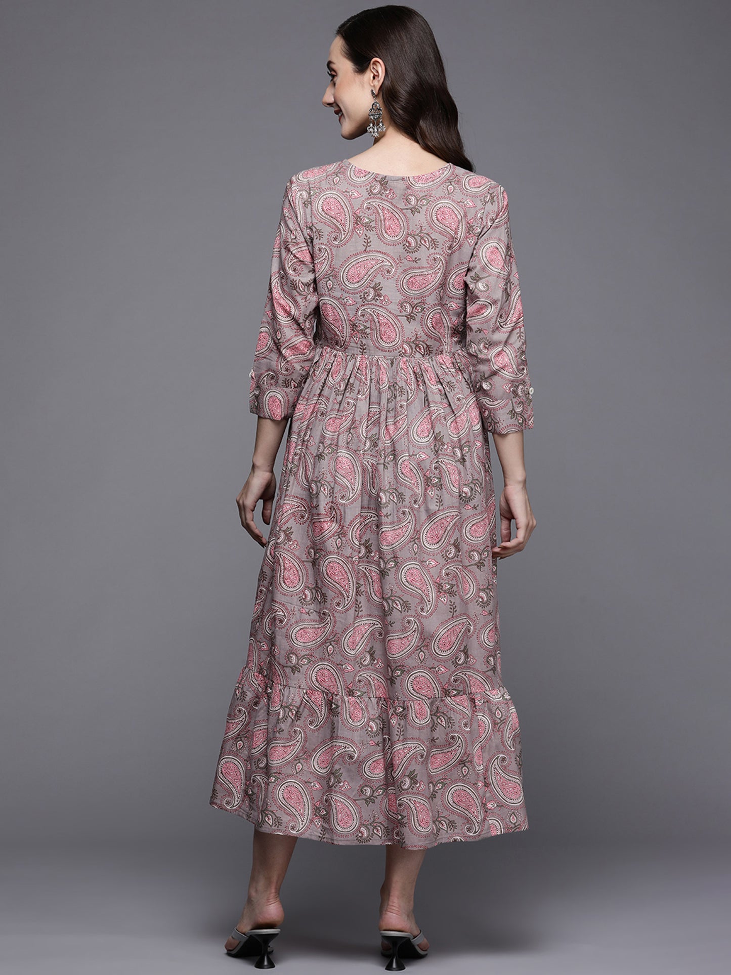 IE Grey & Pink Printed Flared A-Line Midi Ethnic Dresses