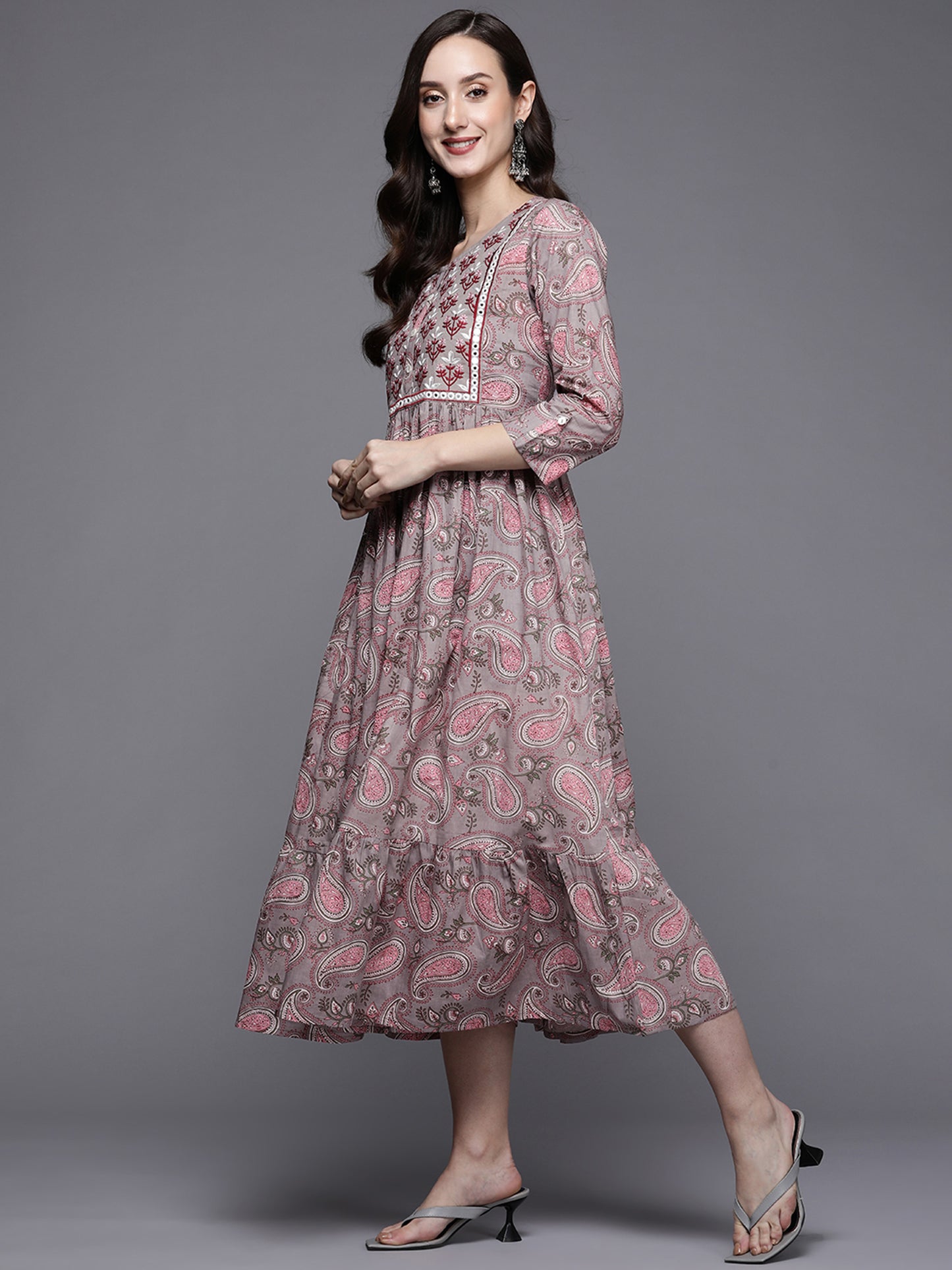 IE Grey & Pink Printed Flared A-Line Midi Ethnic Dresses