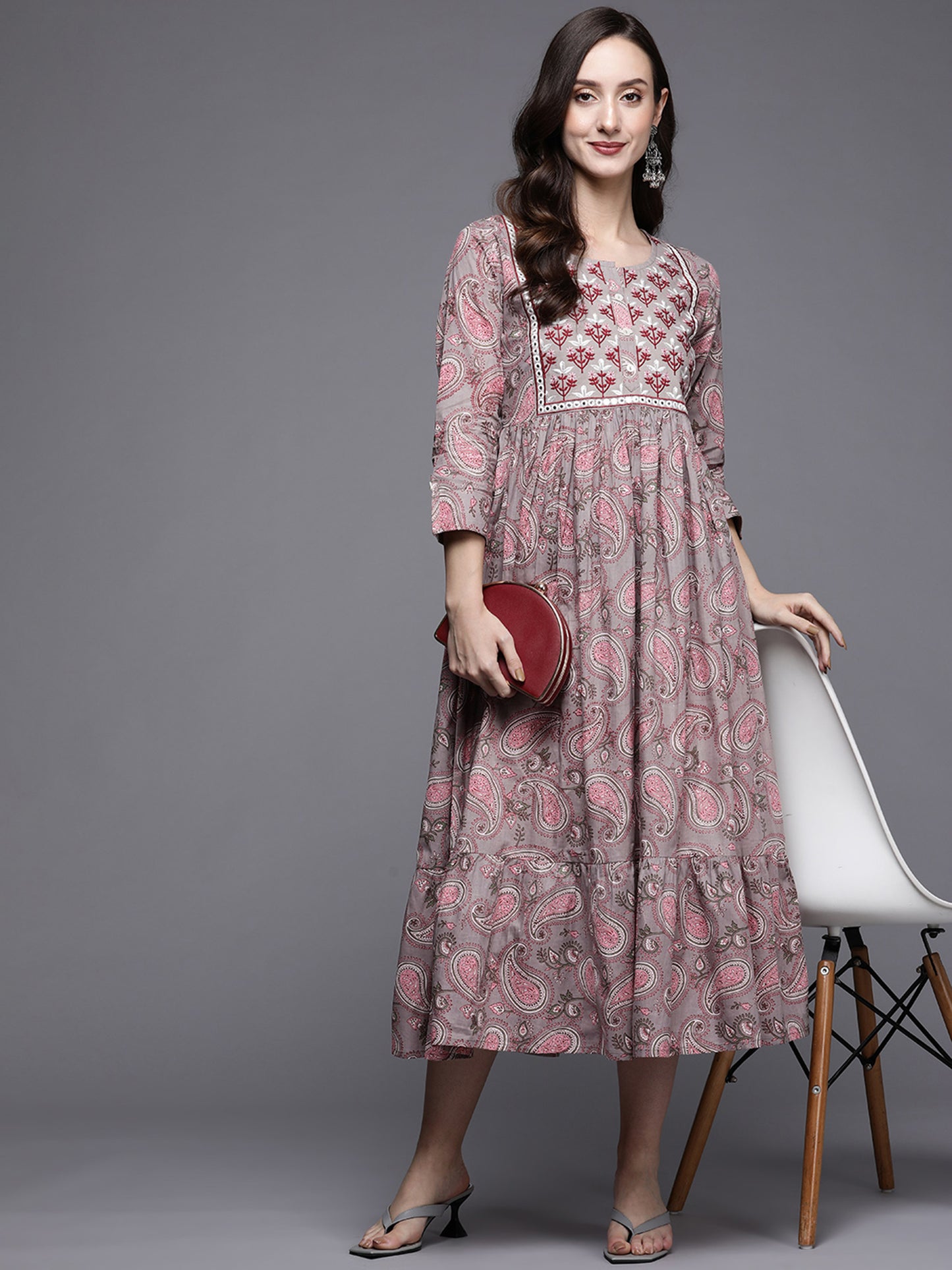 IE Grey & Pink Printed Flared A-Line Midi Ethnic Dresses