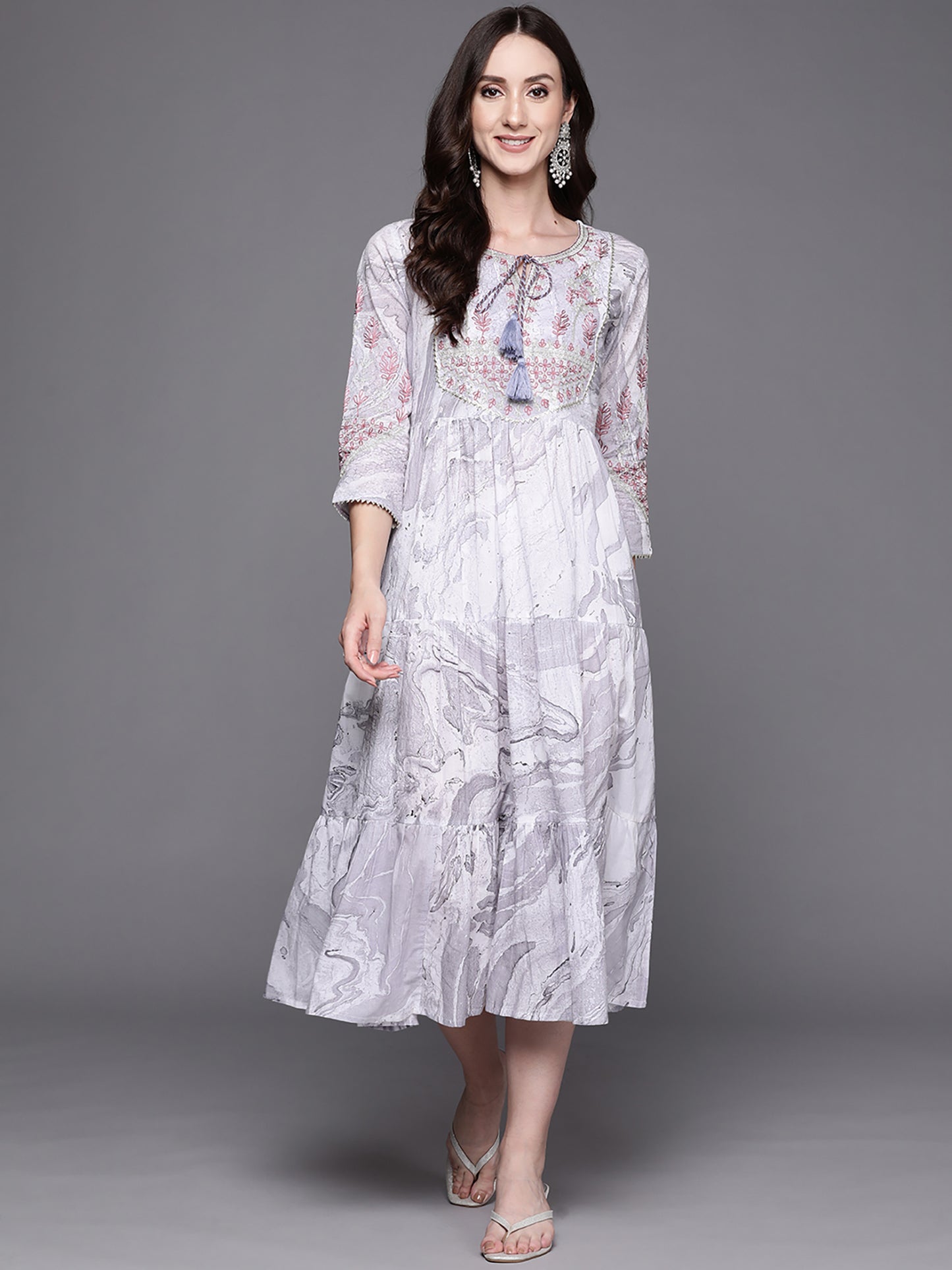 IE Grey Embroidered A-Line Ethnic Dress