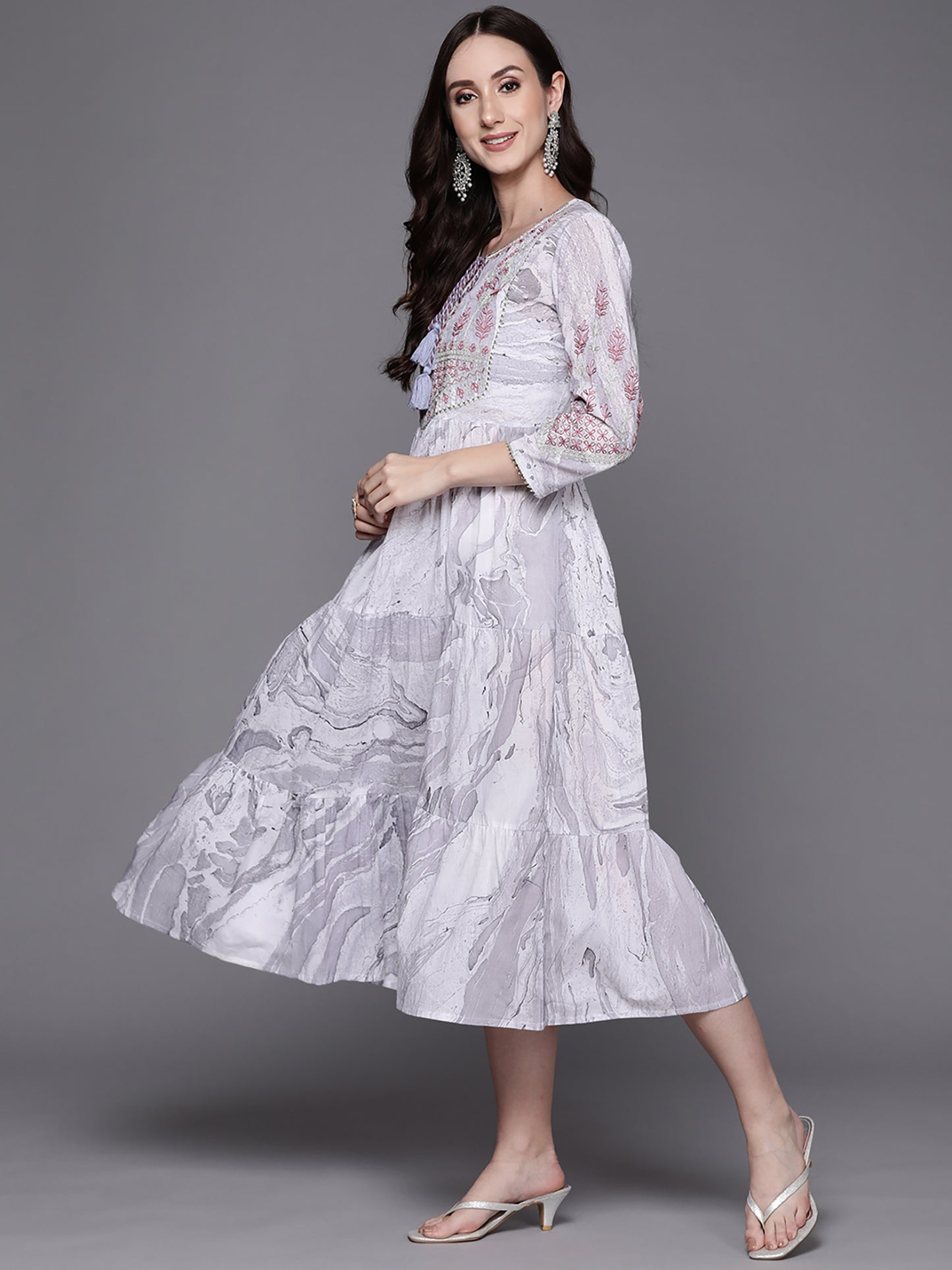 IE Grey Embroidered A-Line Ethnic Dress