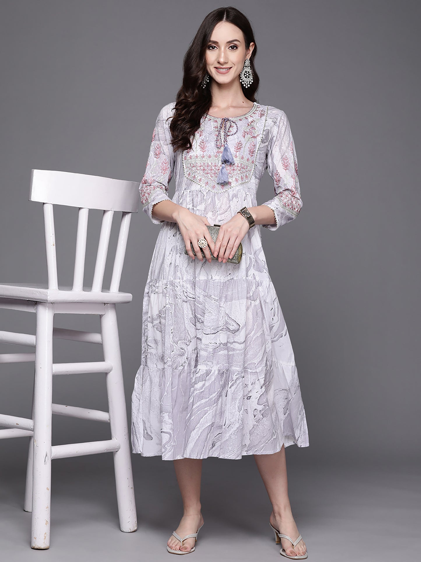 IE Grey Embroidered A-Line Ethnic Dress