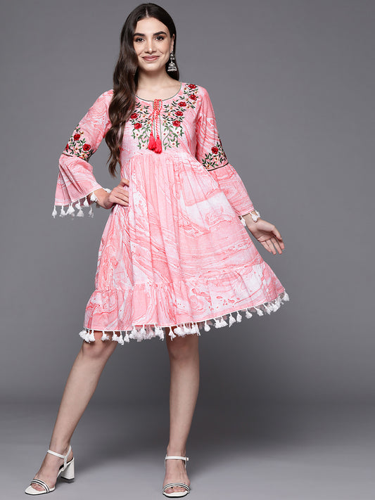 IE Peach Embroidered A-Line Ethnic Dress