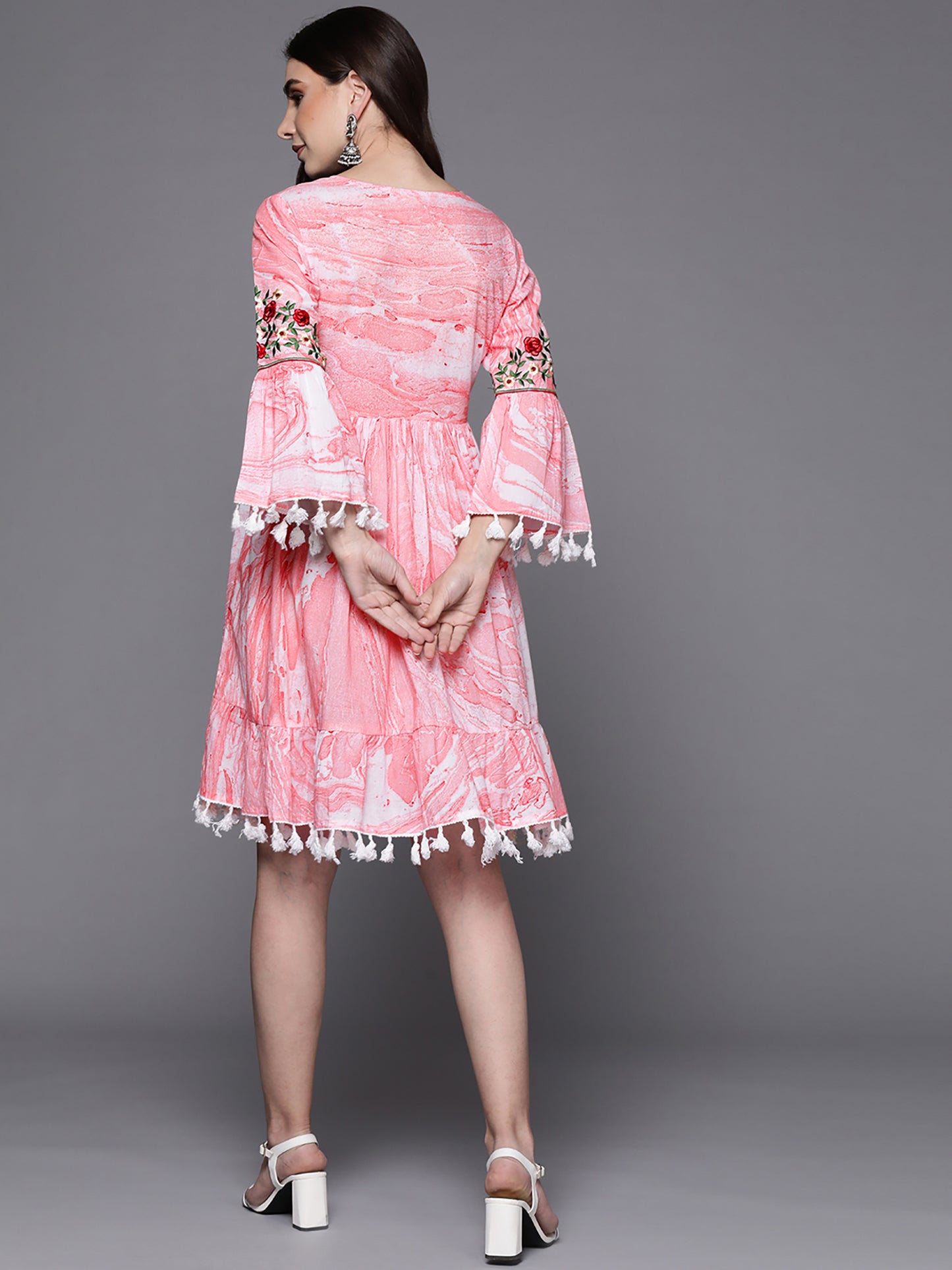 IE Peach Embroidered A-Line Ethnic Dress