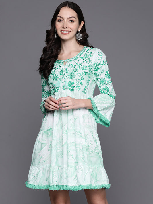 IE Sea Green Embroidered A-Line Ethnic Dress