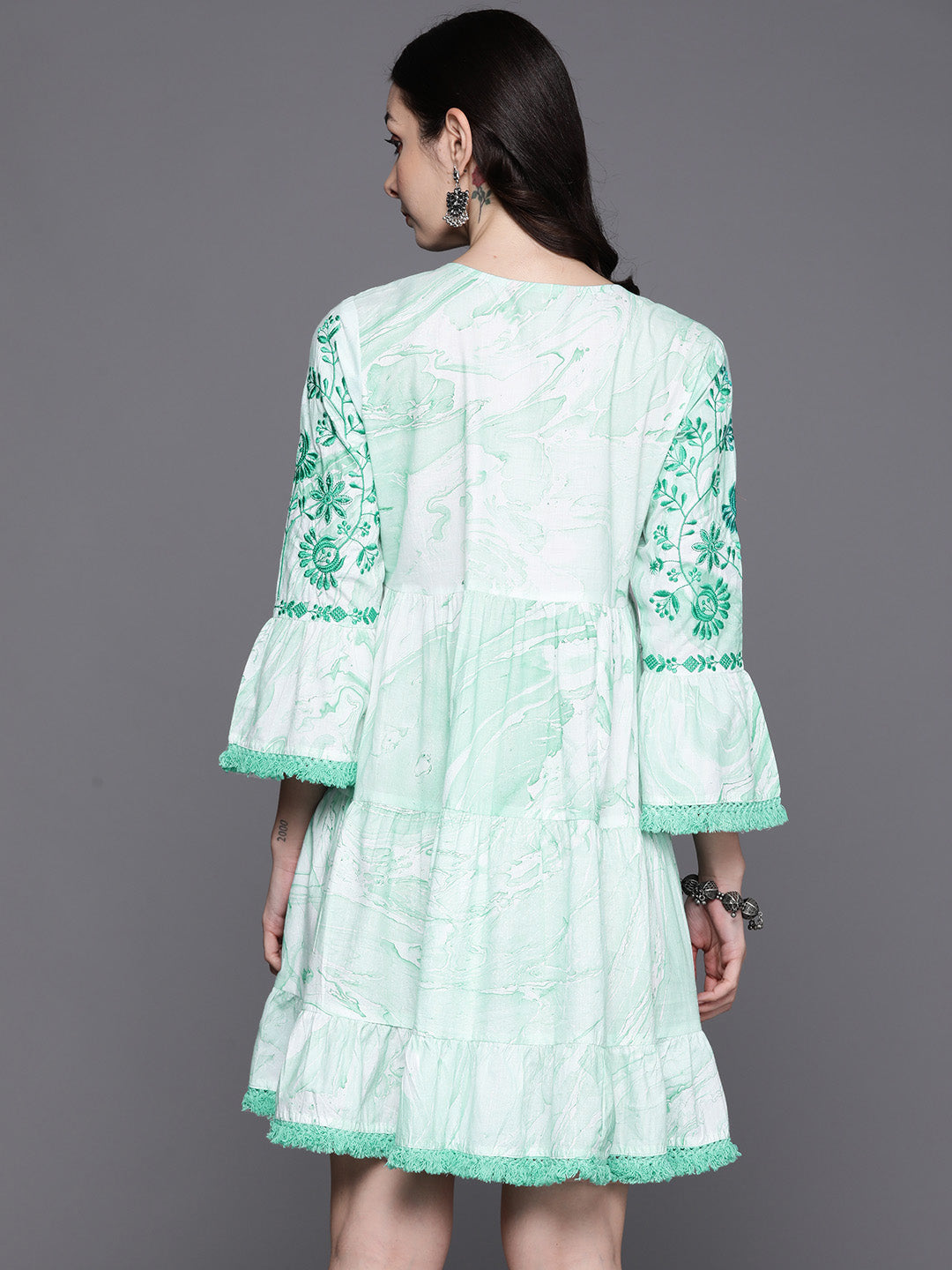 IE Sea Green Embroidered A-Line Ethnic Dress