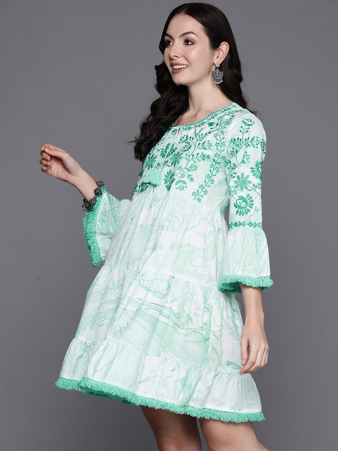 IE Sea Green Embroidered A-Line Ethnic Dress