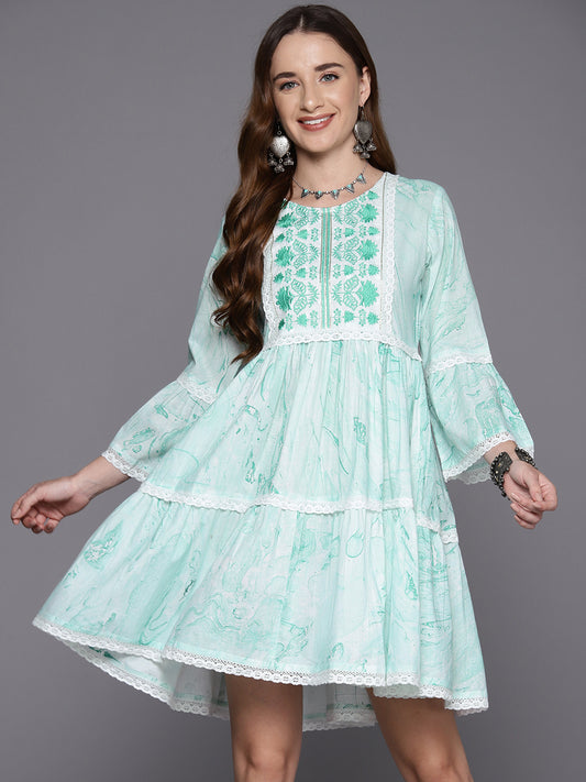 IE Sea Green Embroidered A-Line Smart Casual Dress