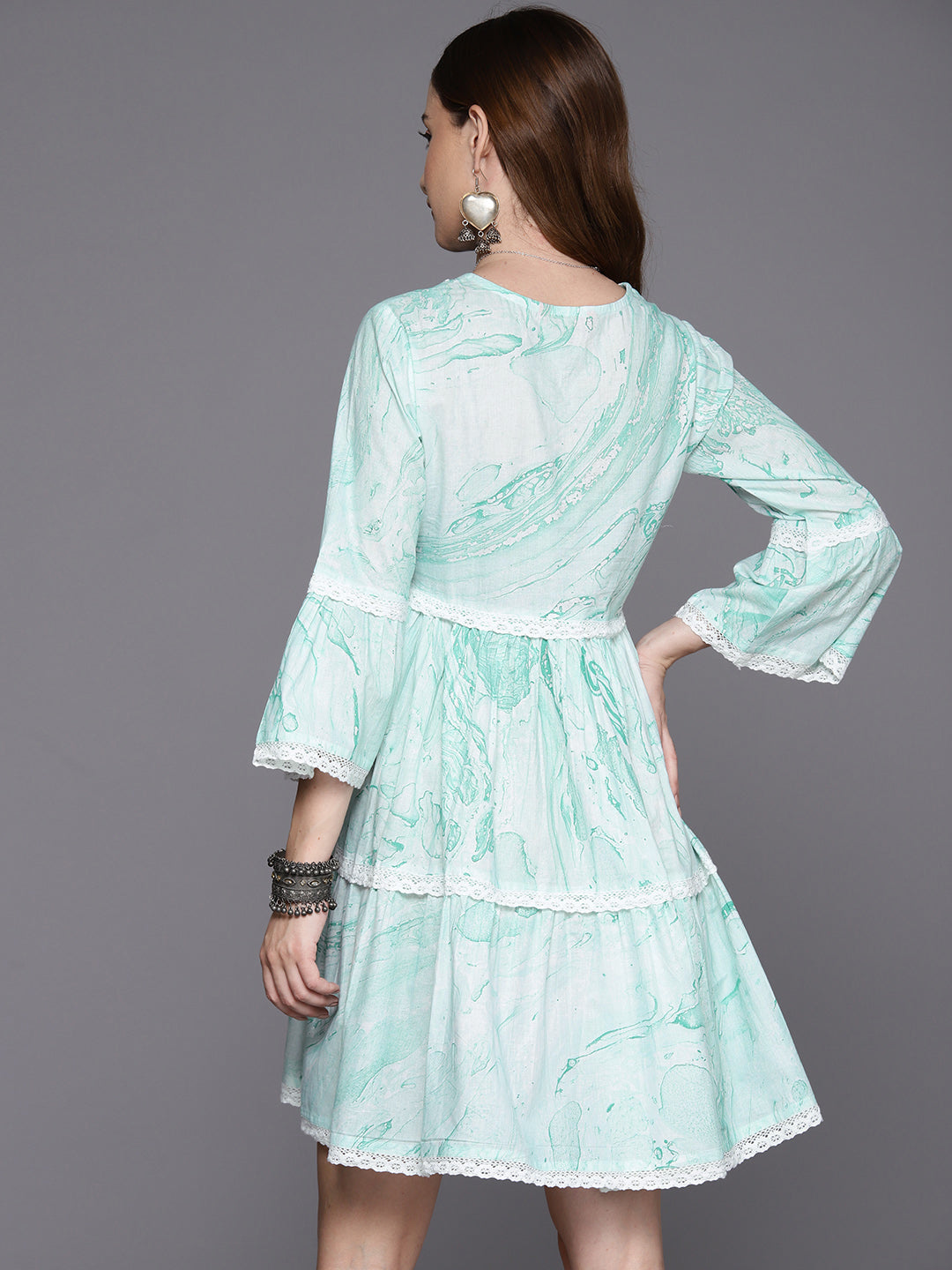 IE Sea Green Embroidered A-Line Smart Casual Dress