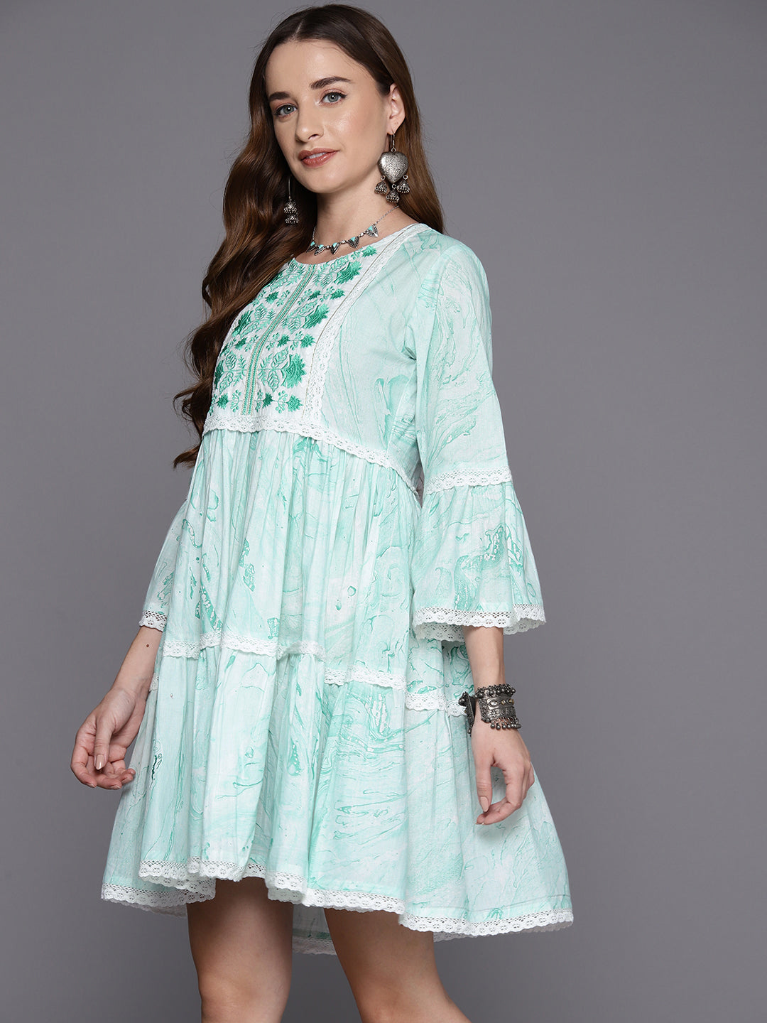 IE Sea Green Embroidered A-Line Smart Casual Dress