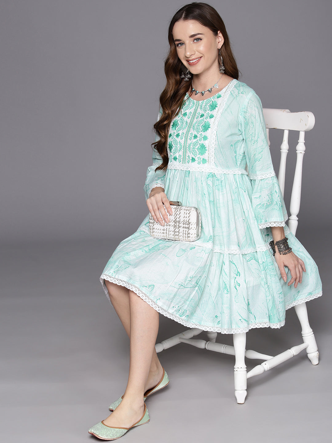 IE Sea Green Embroidered A-Line Smart Casual Dress