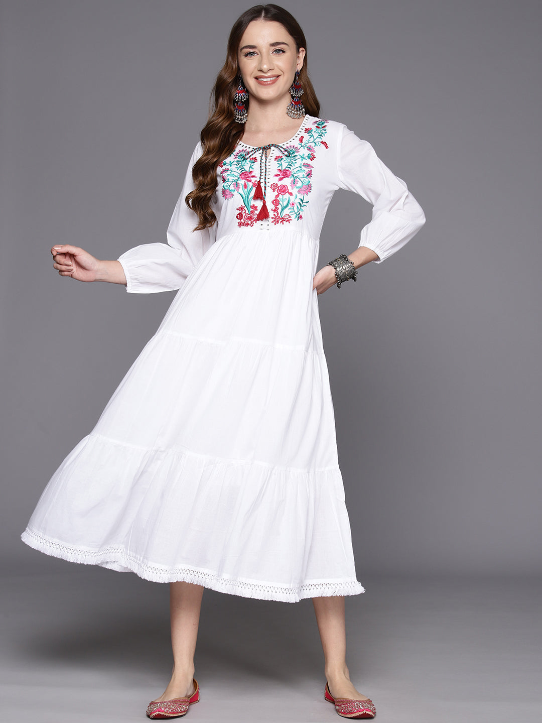 IE White Embroidered A-Line Smart Casual Dress