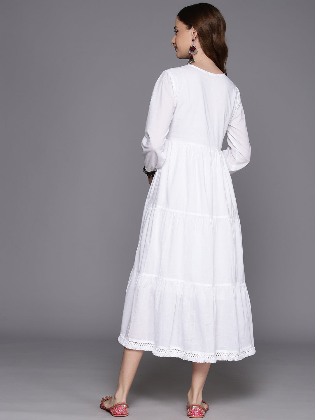 IE White Embroidered A-Line Smart Casual Dress