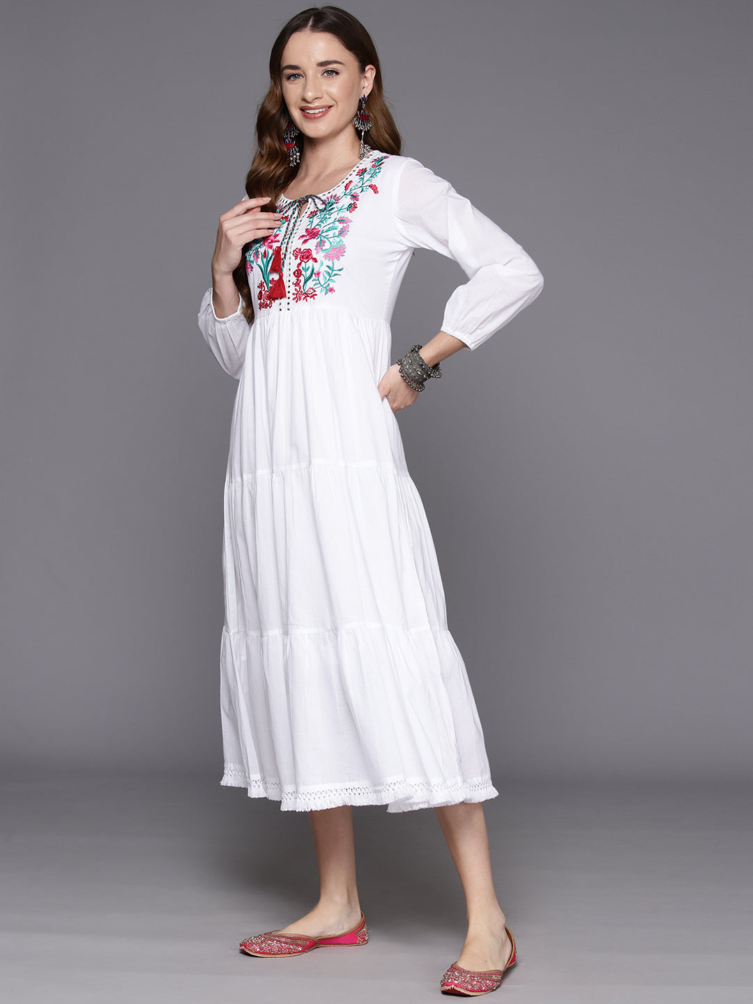 IE White Embroidered A-Line Smart Casual Dress