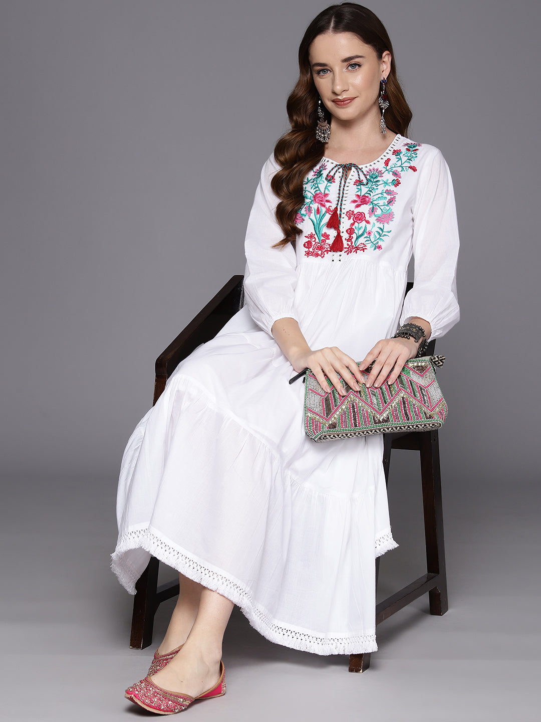 IE White Embroidered A-Line Smart Casual Dress