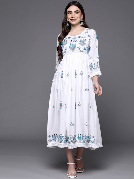 IE White Embroidered A-Line Ethnic Dress