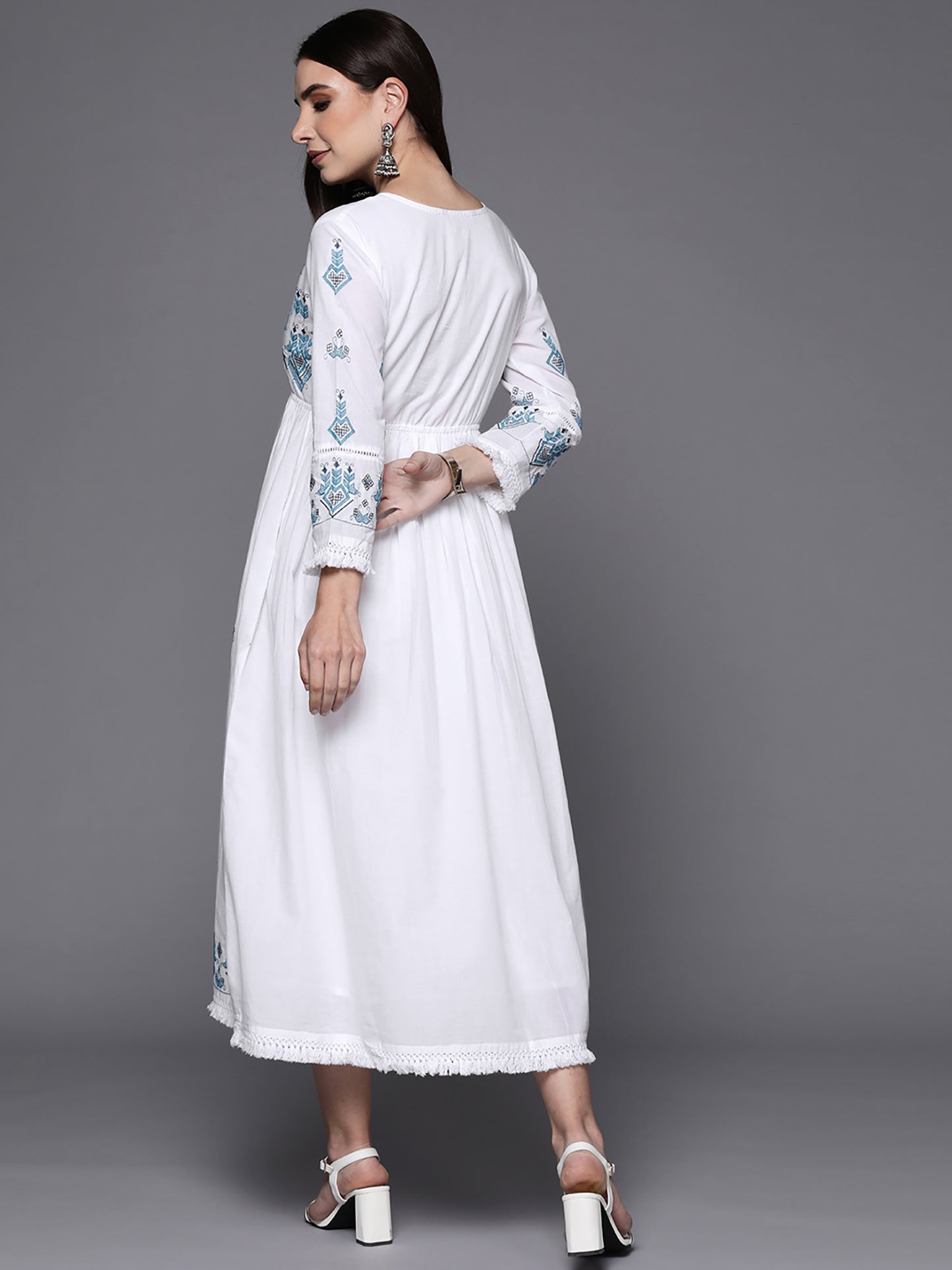 IE White Embroidered A-Line Ethnic Dress