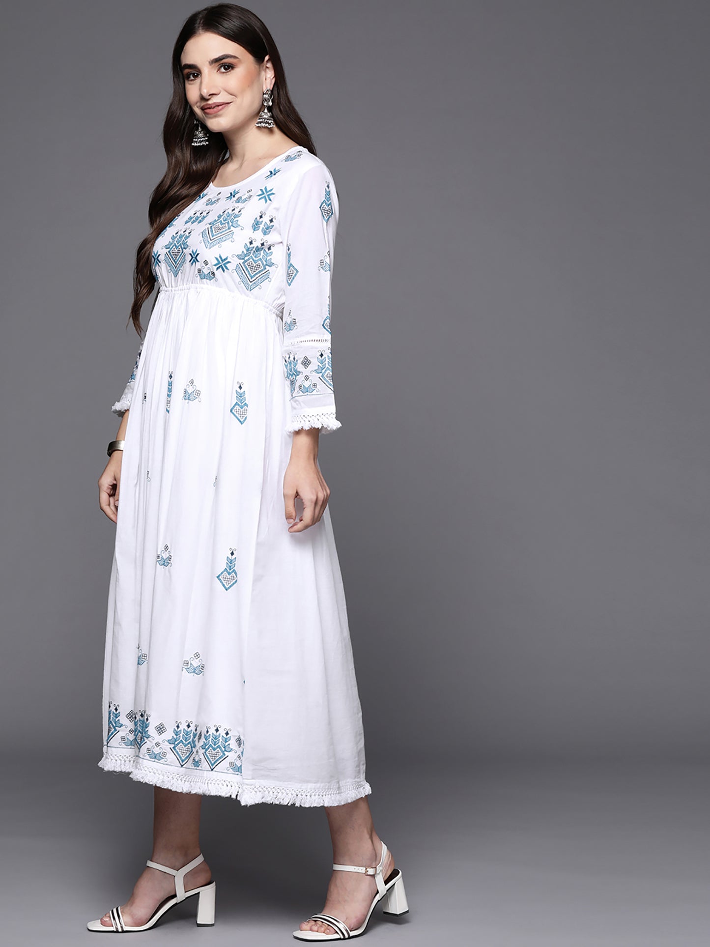 IE White Embroidered A-Line Ethnic Dress