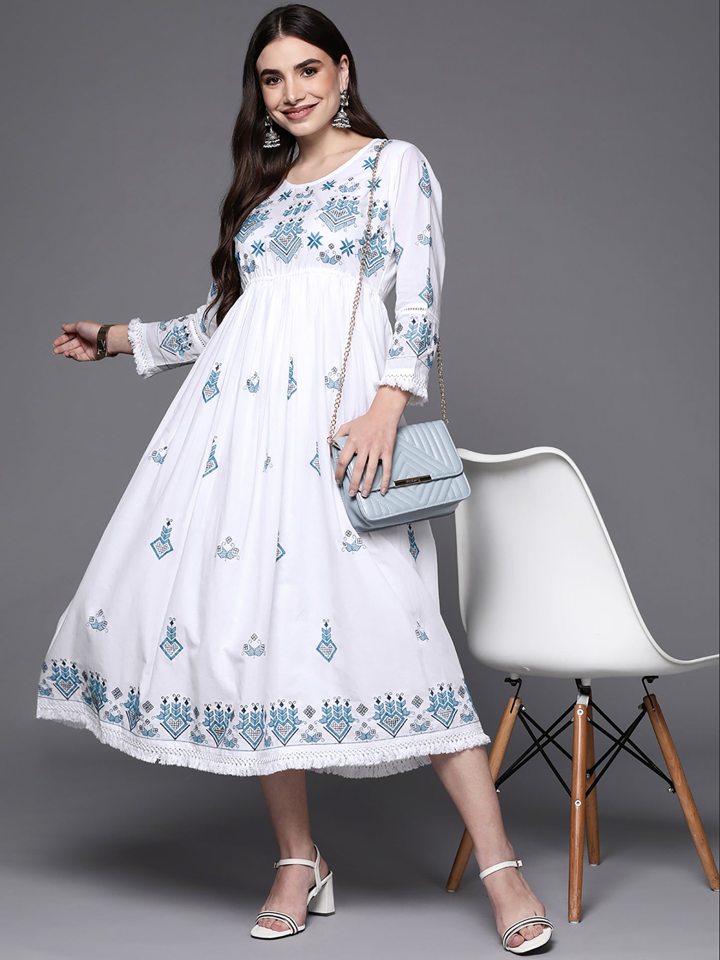 IE White Embroidered A-Line Ethnic Dress