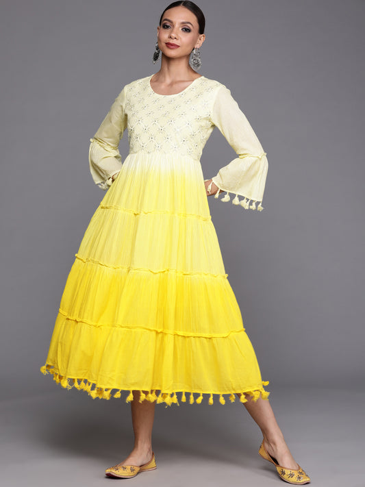 IE Yellow Floral Embroidered A-line Dress